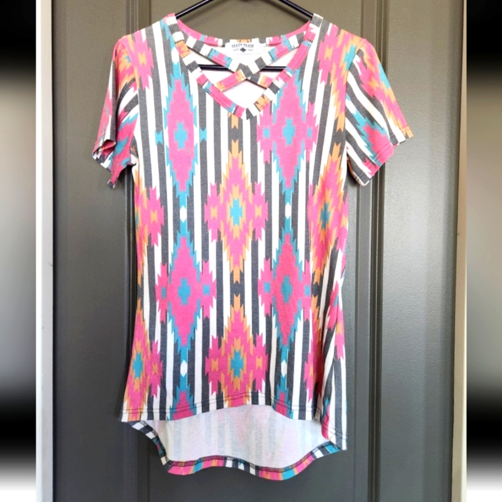 Crazy Train Aztec & StripesCriss cross V-Neck Small t-shirt top